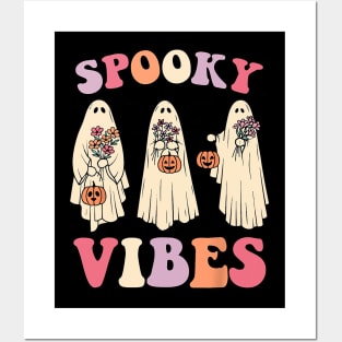 Groovy Halloween Spooky Vibe Retro Flower Ghost Posters and Art